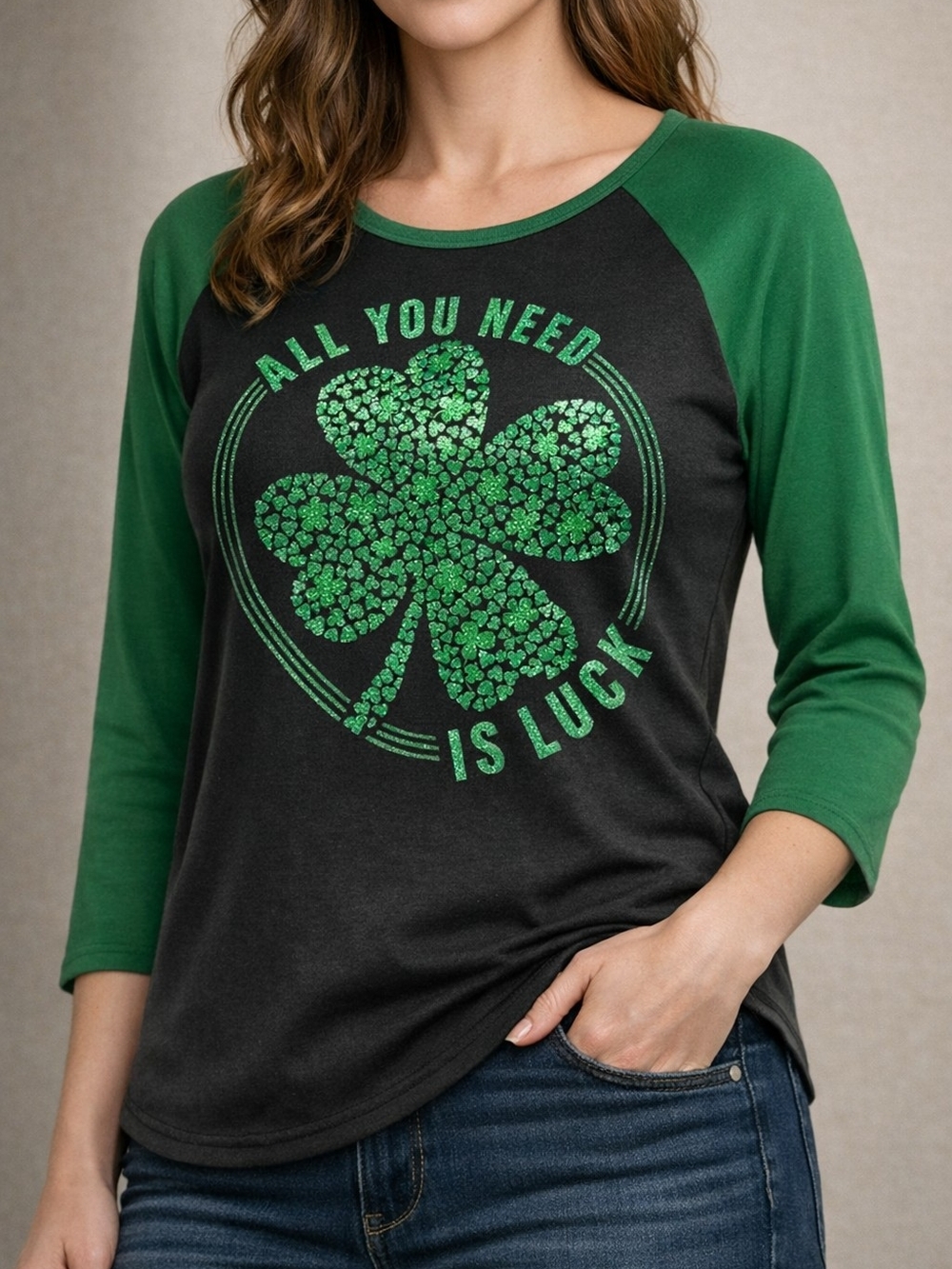 Celebrate It Black and Green Raglan Shamrock Graphic Tee